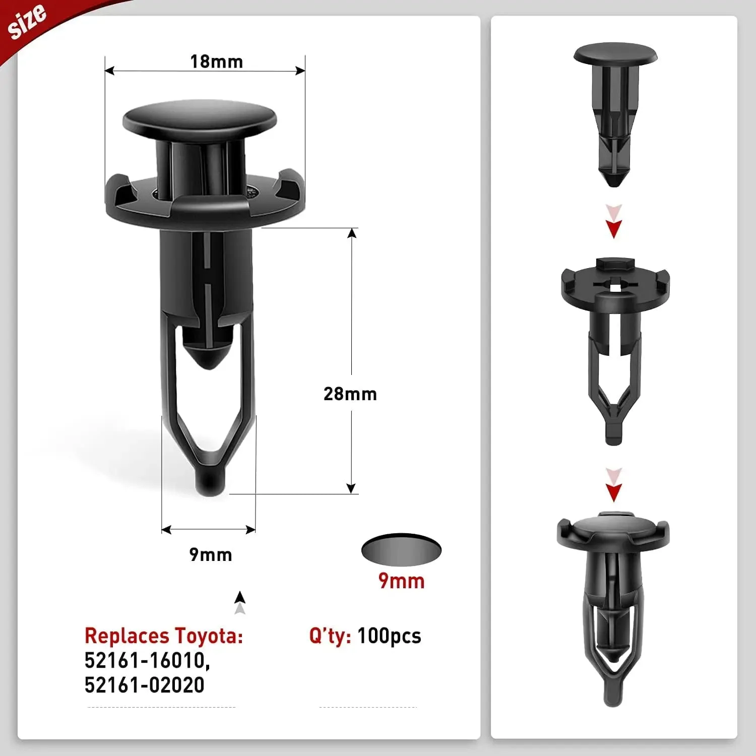 100 Pcs Head 18mm Hole 9mm Nylon Push-Type Automotive Clips Rivet Retainer Rear Bumper Cover Push-Type Retainer for Toyota #52161-02020 52161-16010 9mm