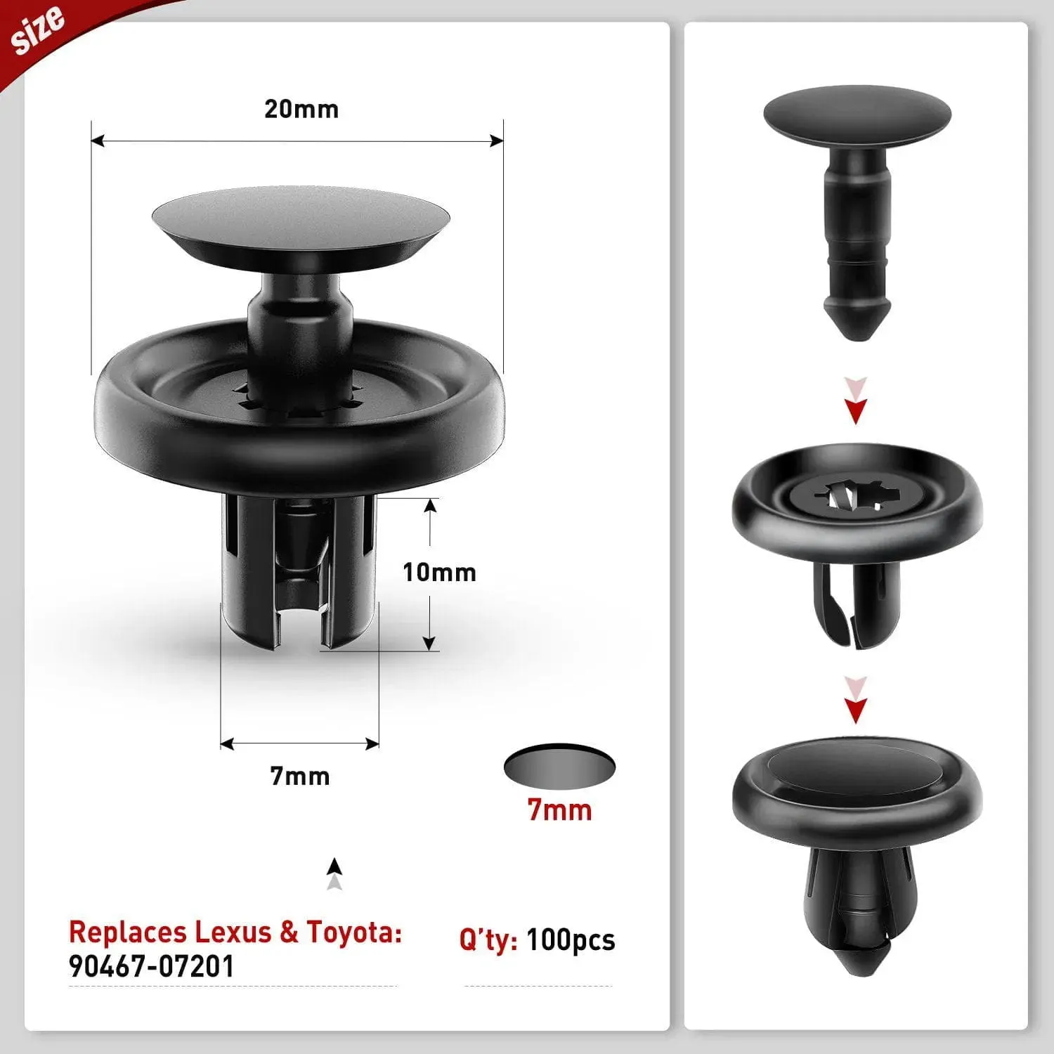 100 Pcs Hole 7mm Engine Under Cover Push-Type Retainer Replaces Lexus Toyota 90467-07201 Quality Nylon Push Rivets