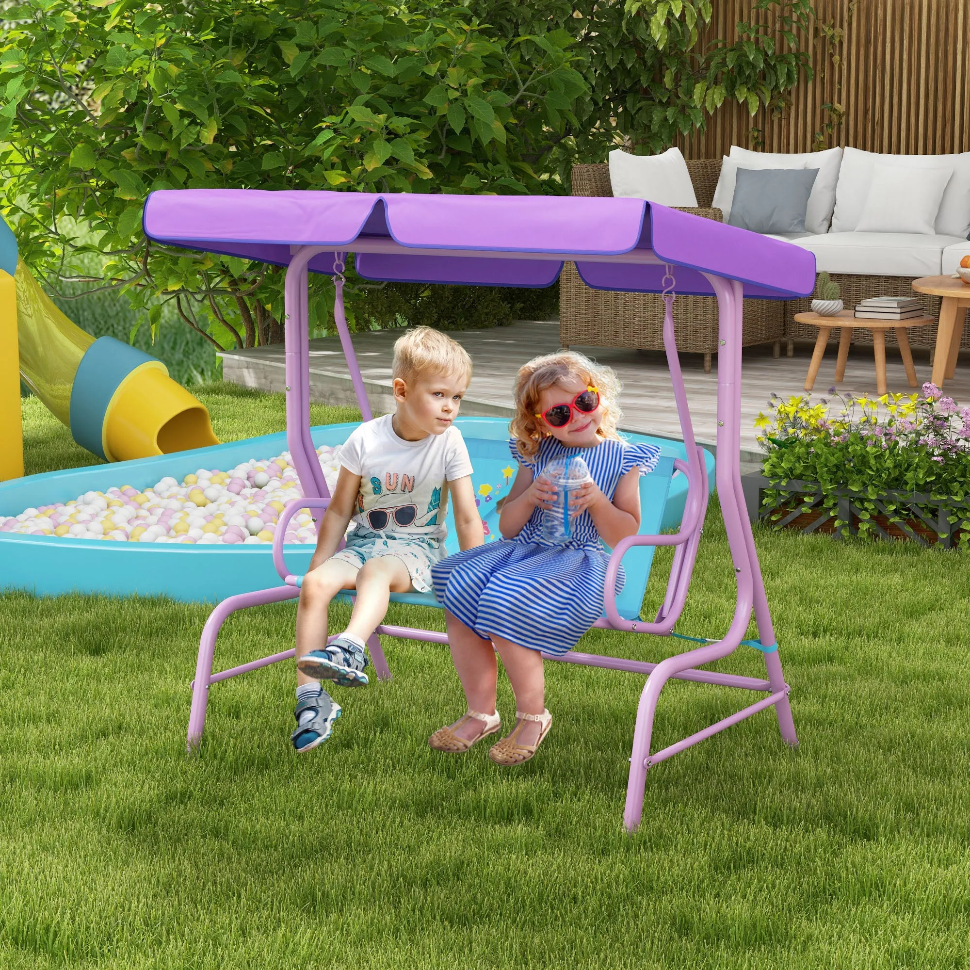 2 Seater Kids Garden Swing Fairy Themed Kids Swing Chair with Adjustable Canopy, Safety Belts for Park Porch Poolside