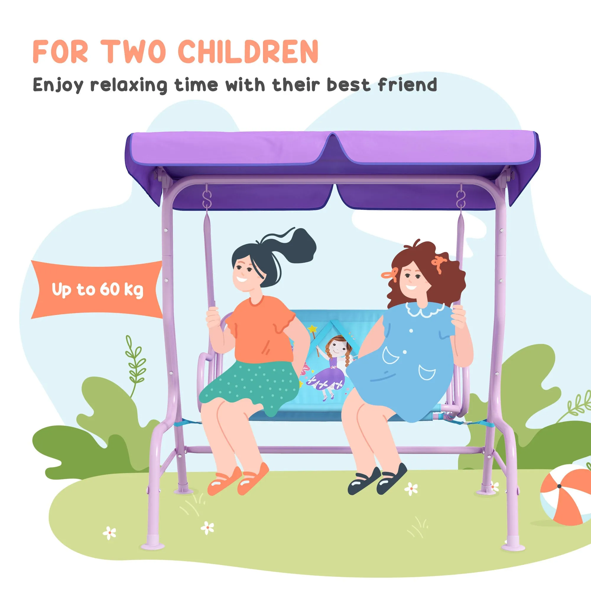 2 Seater Kids Garden Swing Fairy Themed Kids Swing Chair with Adjustable Canopy, Safety Belts for Park Porch Poolside