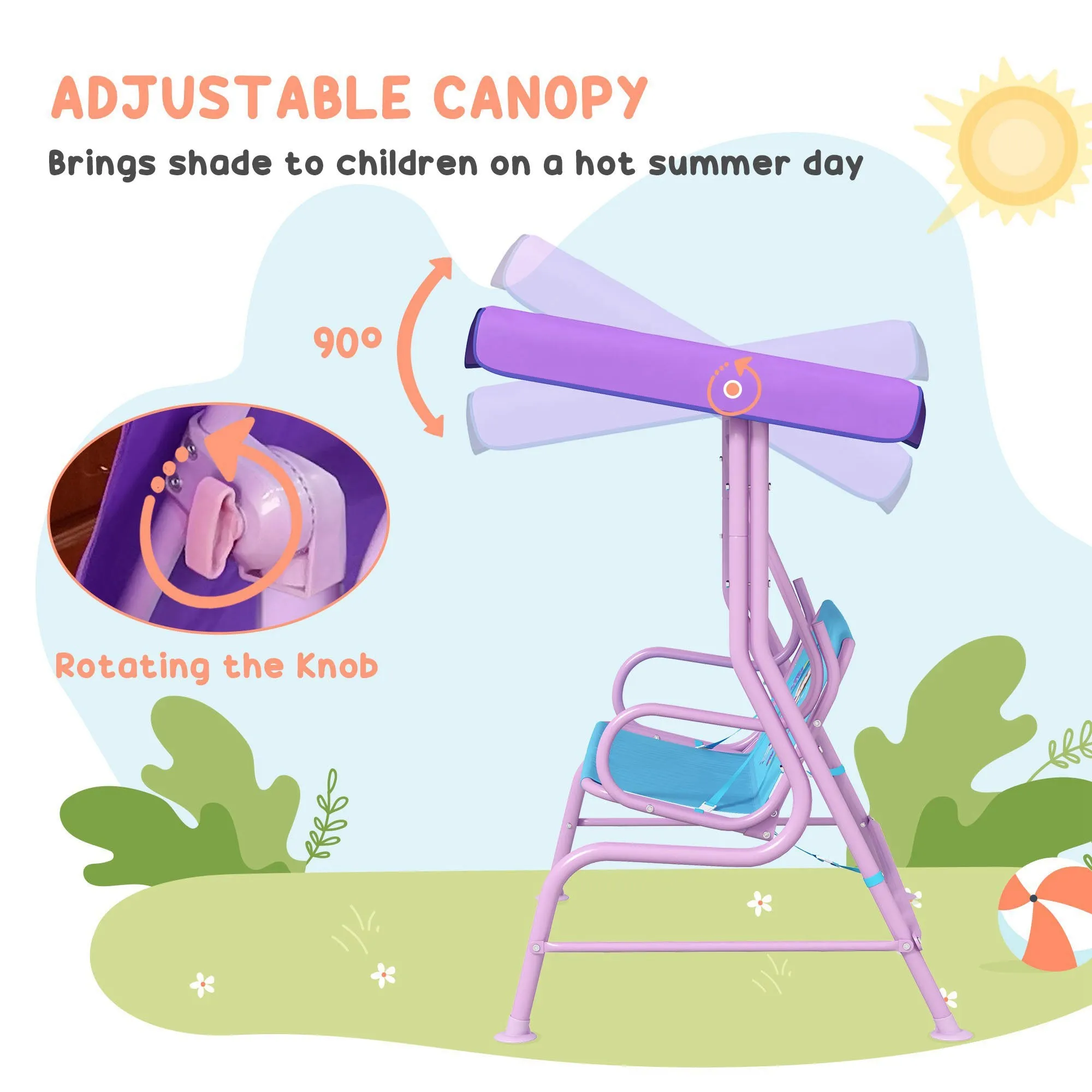 2 Seater Kids Garden Swing Fairy Themed Kids Swing Chair with Adjustable Canopy, Safety Belts for Park Porch Poolside