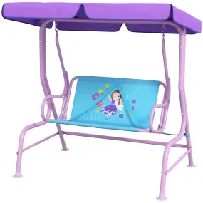 2 Seater Kids Garden Swing Fairy Themed Kids Swing Chair with Adjustable Canopy, Safety Belts for Park Porch Poolside