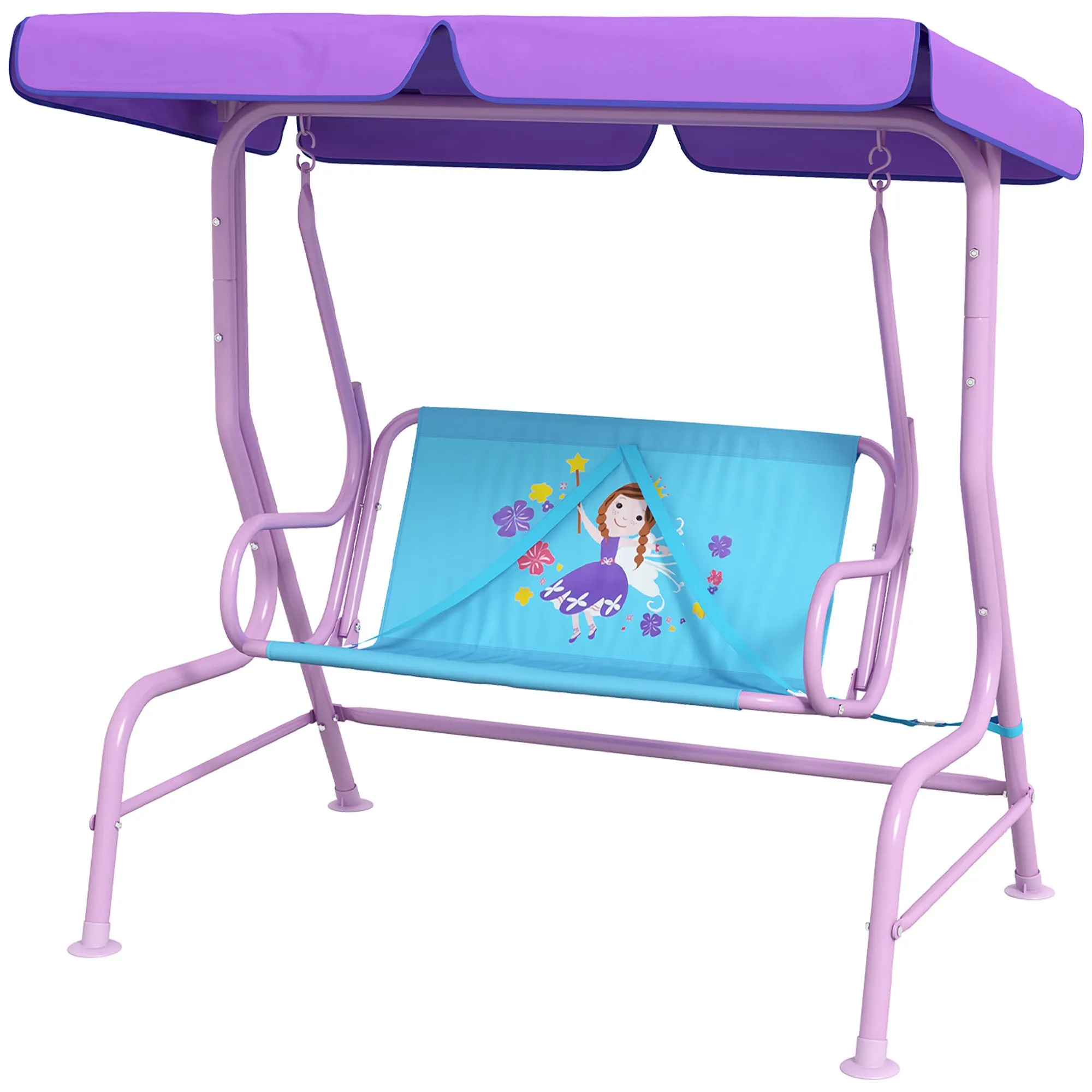 2 Seater Kids Garden Swing Fairy Themed Kids Swing Chair with Adjustable Canopy, Safety Belts for Park Porch Poolside