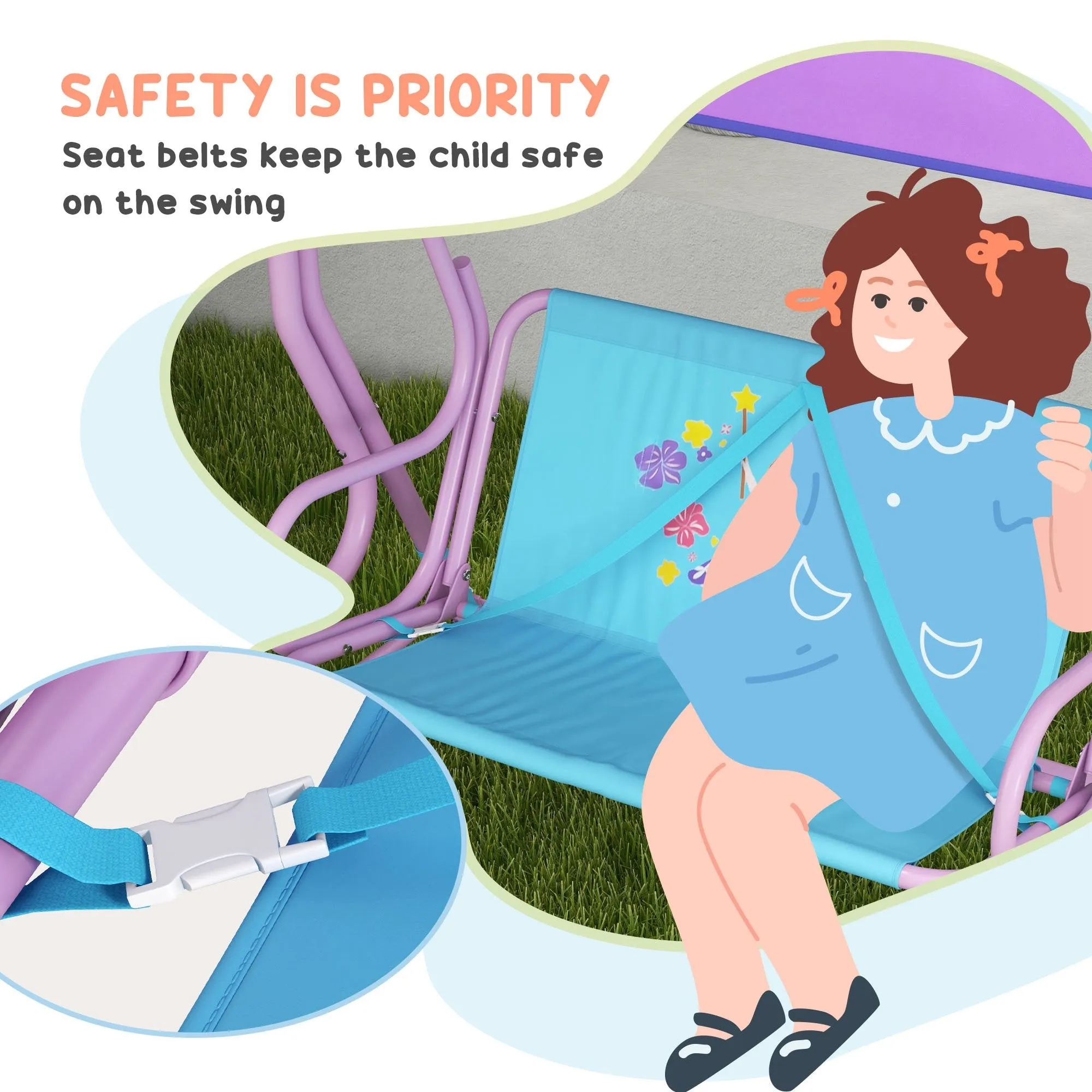 2 Seater Kids Garden Swing Fairy Themed Kids Swing Chair with Adjustable Canopy, Safety Belts for Park Porch Poolside