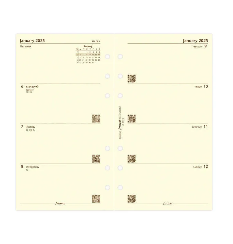 2025 Filofax Refill - Personal Week On Two Pages, Cream