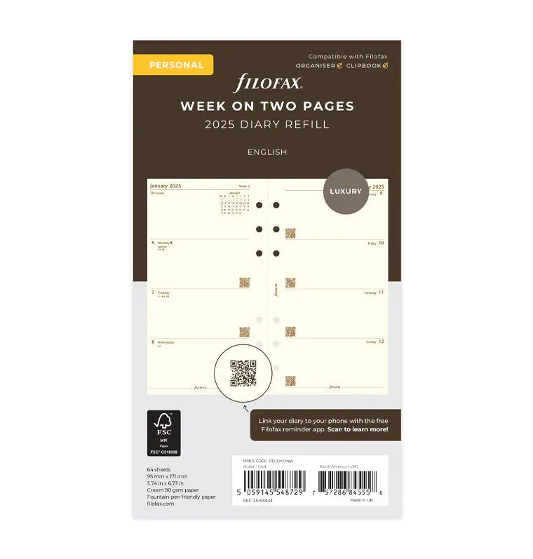2025 Filofax Refill - Personal Week On Two Pages, Cream