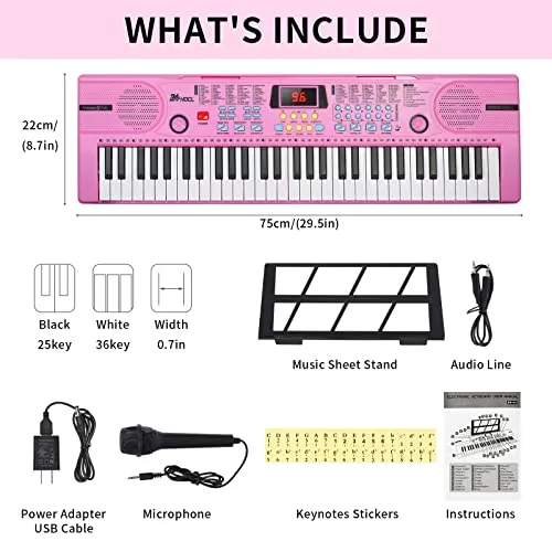 24HOCL 61 Keys Keyboard Piano Lighted Keys, Kids Piano Keyboard with UL Adapter, Stand, Built-In Speaker, Mic, Portable Electronic Keyboard for Boys, Girls, Beginners Birthday Holidays Best Gifts