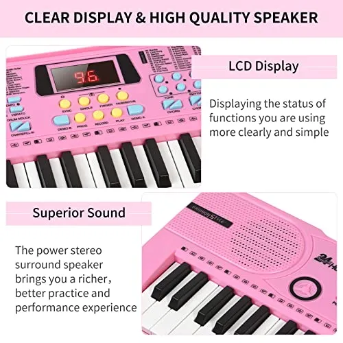 24HOCL 61 Keys Keyboard Piano Lighted Keys, Kids Piano Keyboard with UL Adapter, Stand, Built-In Speaker, Mic, Portable Electronic Keyboard for Boys, Girls, Beginners Birthday Holidays Best Gifts