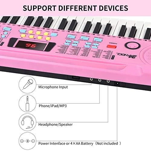 24HOCL 61 Keys Keyboard Piano Lighted Keys, Kids Piano Keyboard with UL Adapter, Stand, Built-In Speaker, Mic, Portable Electronic Keyboard for Boys, Girls, Beginners Birthday Holidays Best Gifts