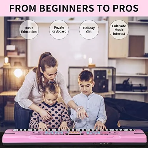 24HOCL 61 Keys Keyboard Piano Lighted Keys, Kids Piano Keyboard with UL Adapter, Stand, Built-In Speaker, Mic, Portable Electronic Keyboard for Boys, Girls, Beginners Birthday Holidays Best Gifts