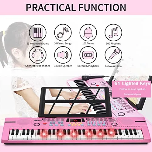 24HOCL 61 Keys Keyboard Piano Lighted Keys, Kids Piano Keyboard with UL Adapter, Stand, Built-In Speaker, Mic, Portable Electronic Keyboard for Boys, Girls, Beginners Birthday Holidays Best Gifts