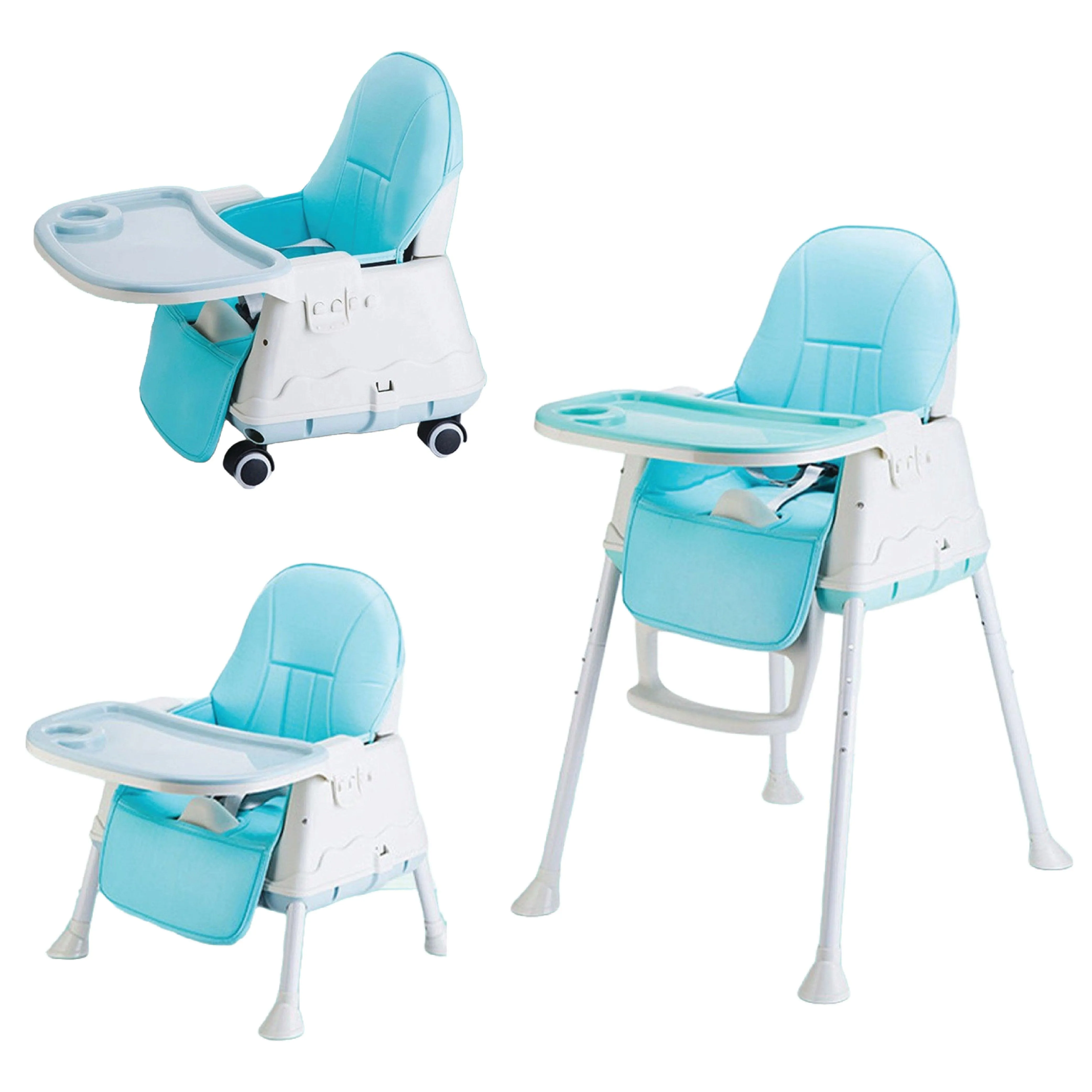 3 in 1 High Chair for Baby Kids, Feeding Booster Seat with Wheel and Cushion Age 12M- 2 Years (Blue)