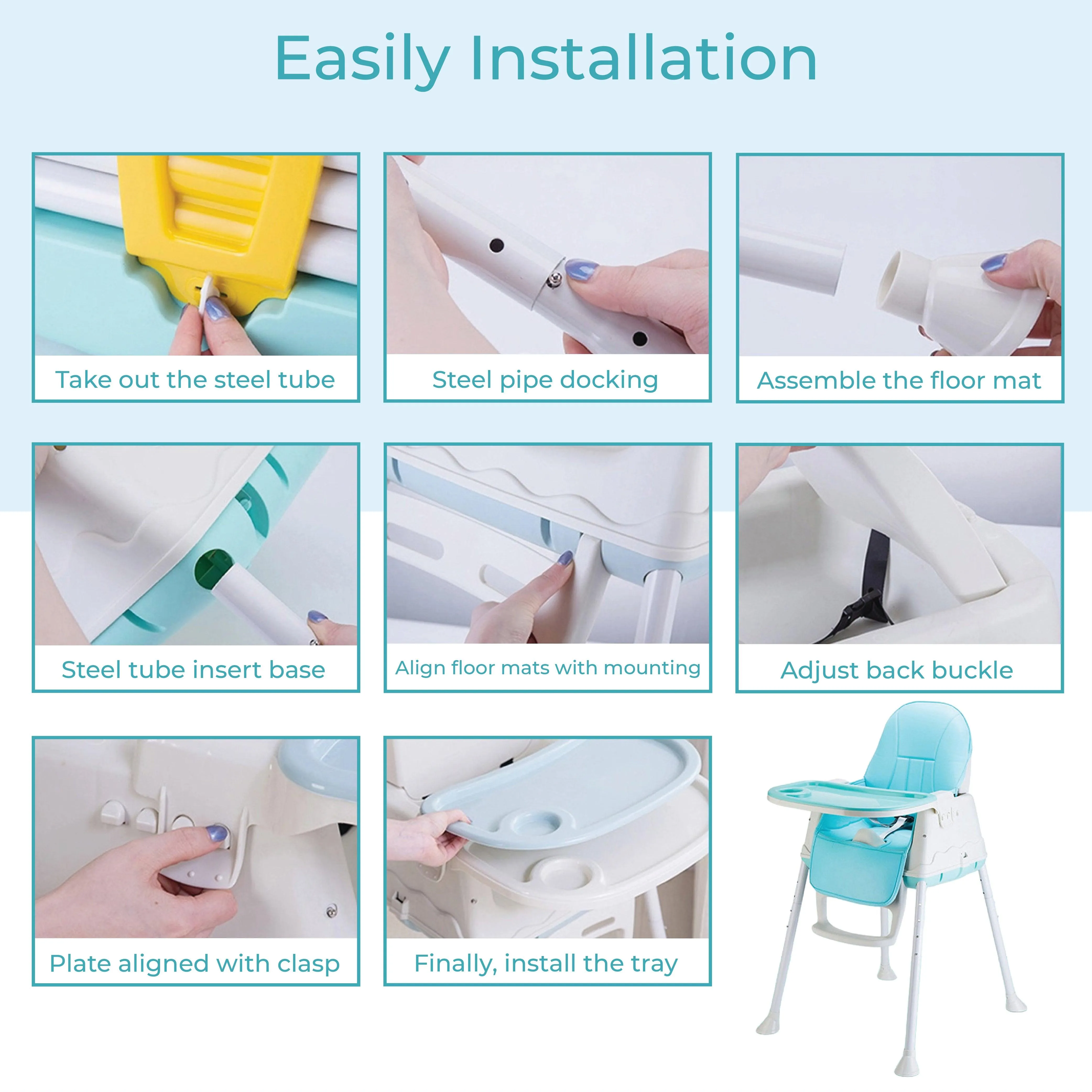 3 in 1 High Chair for Baby Kids, Feeding Booster Seat with Wheel and Cushion Age 12M- 2 Years (Blue)