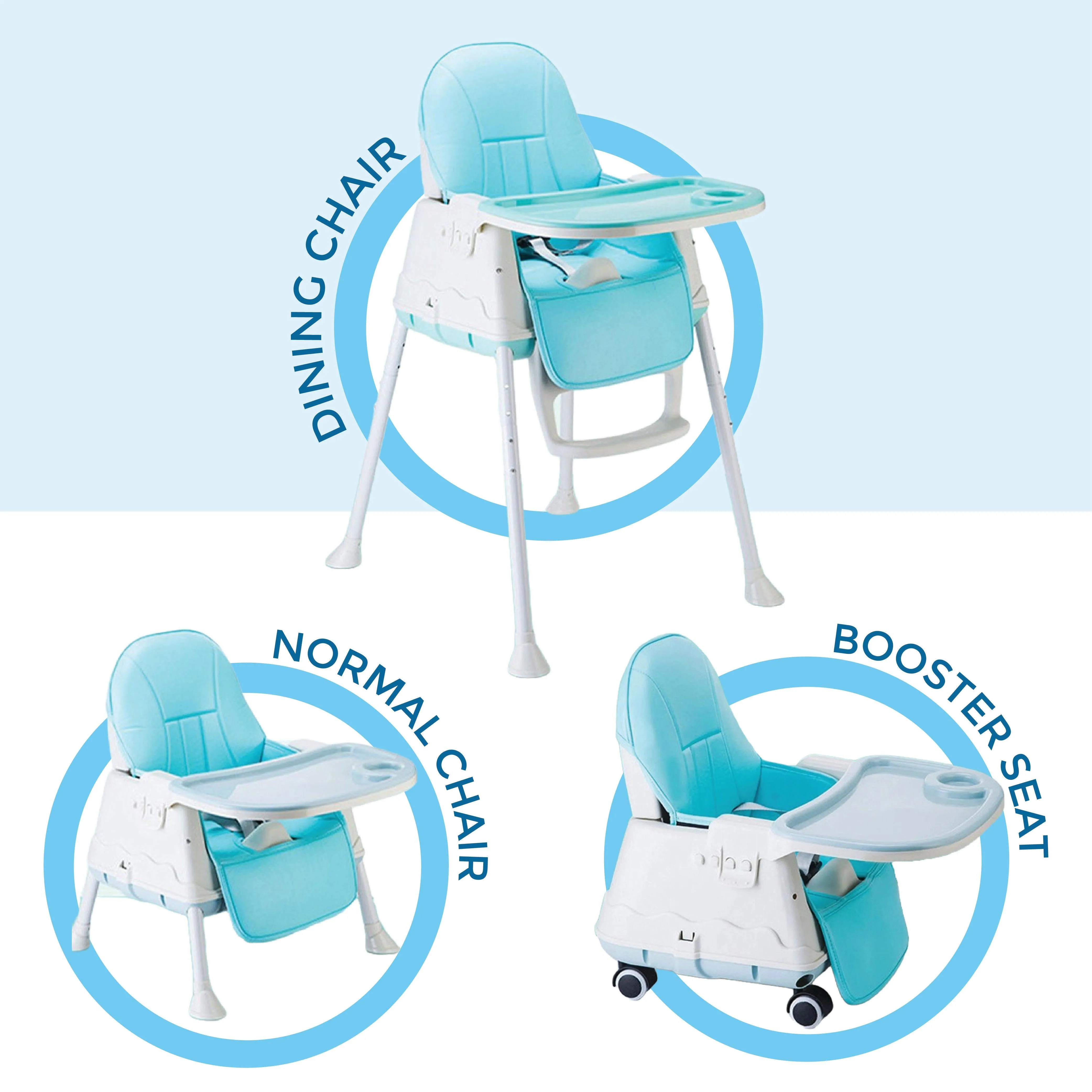 3 in 1 High Chair for Baby Kids, Feeding Booster Seat with Wheel and Cushion Age 12M- 2 Years (Blue)