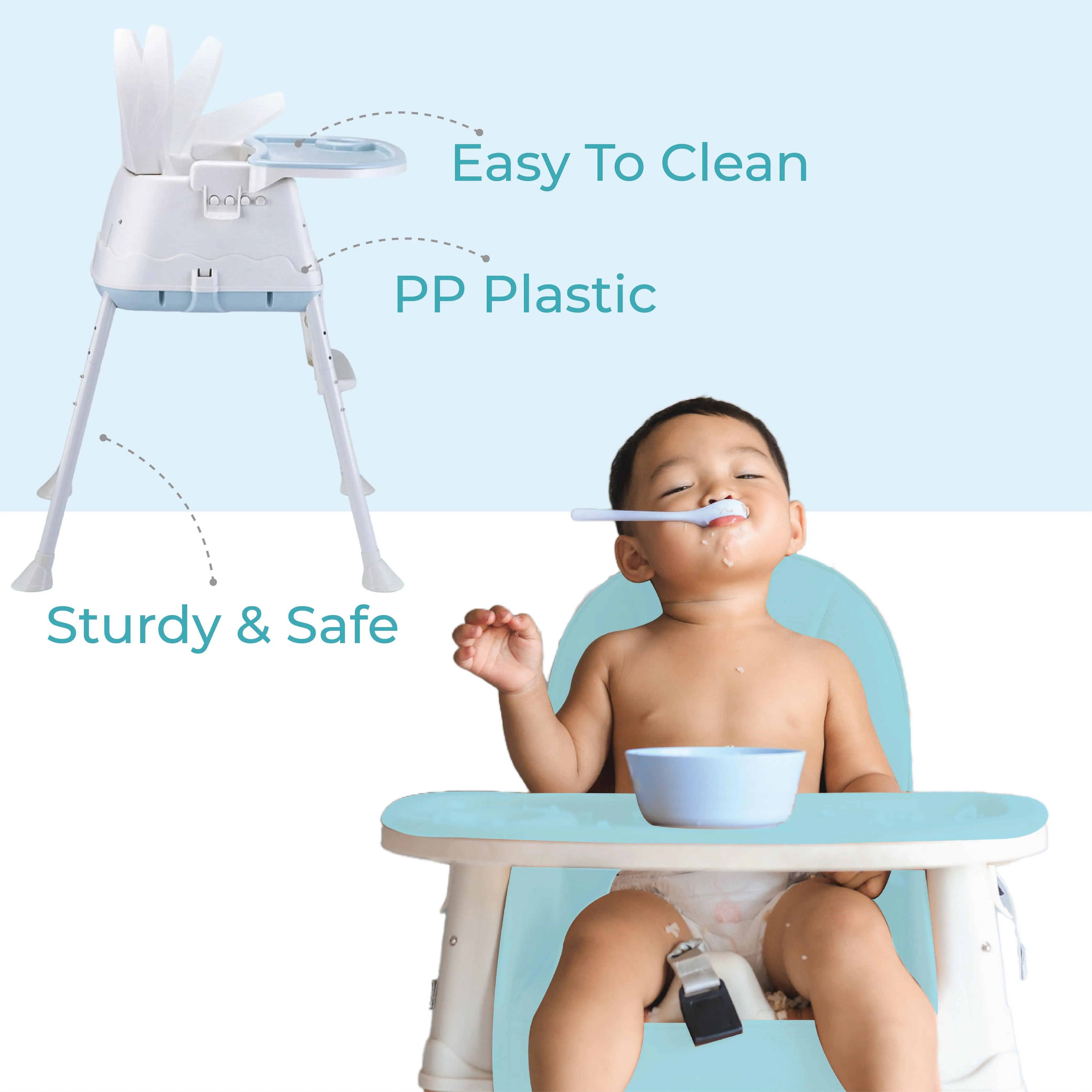 3 in 1 High Chair for Baby Kids, Feeding Booster Seat with Wheel and Cushion Age 12M- 2 Years (Blue)