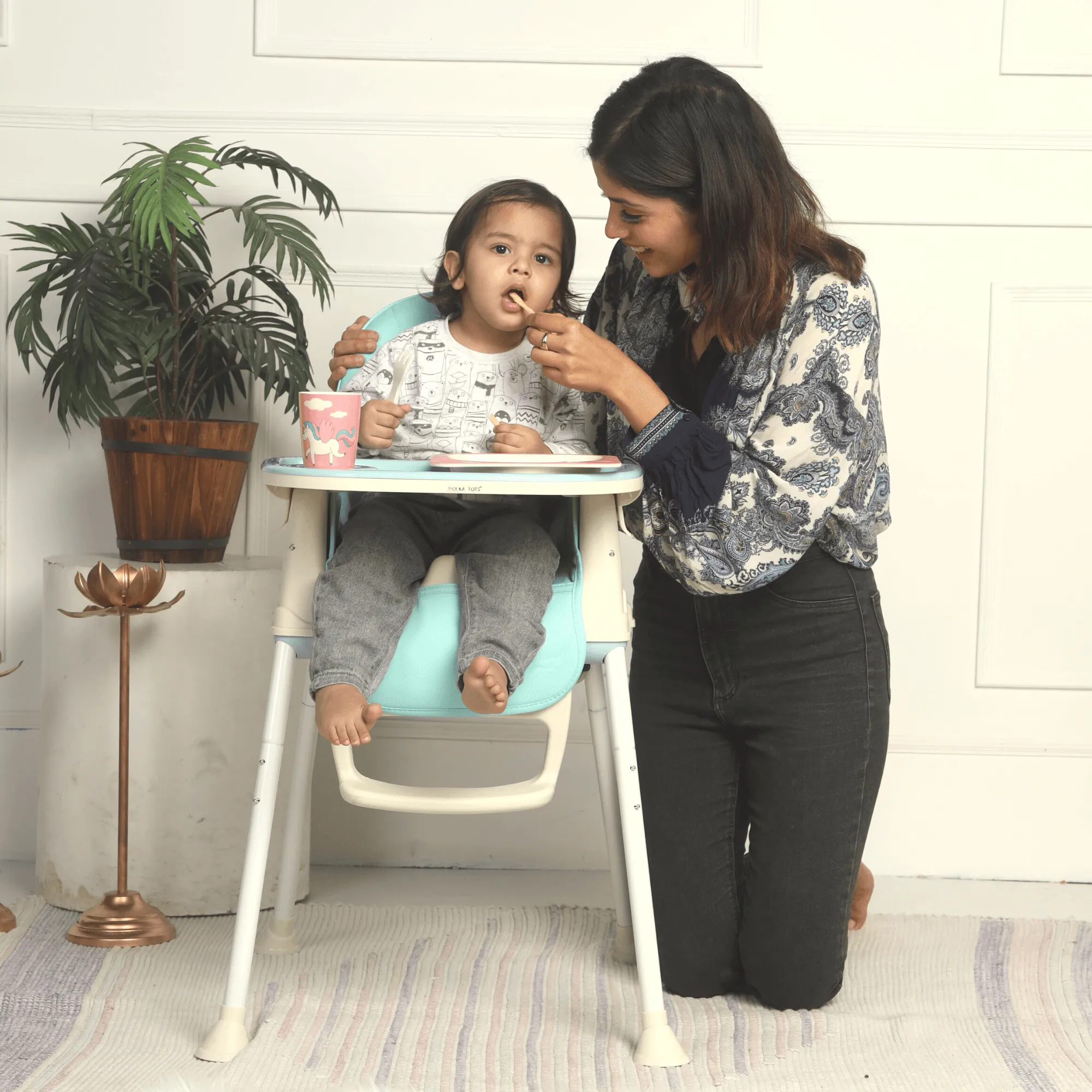 3 in 1 High Chair for Baby Kids, Feeding Booster Seat with Wheel and Cushion Age 12M- 2 Years (Blue)