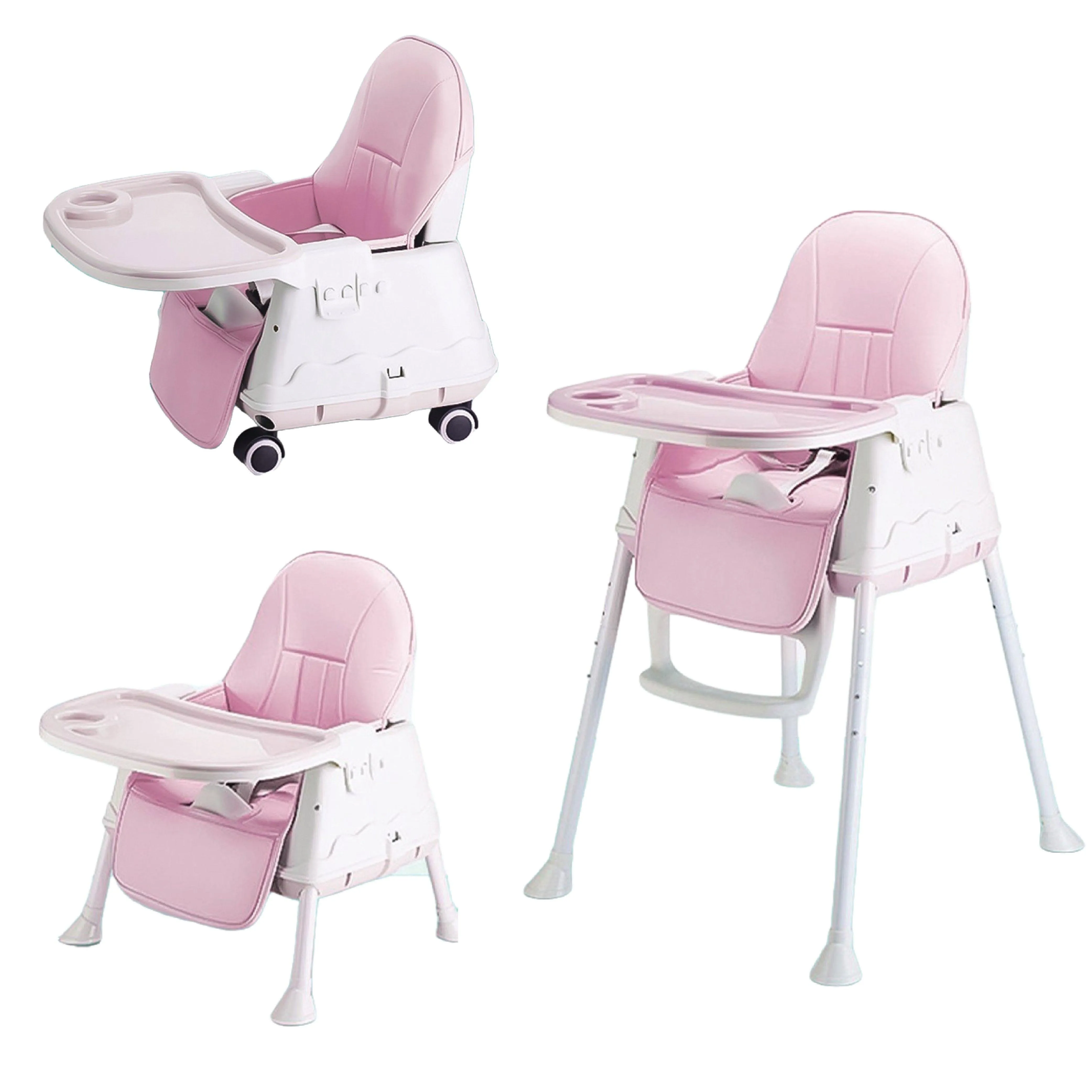 3 in 1 High Chair for Baby Kids, Feeding Booster Seat with Wheel and Cushion Age 12M- 2 Years (Pink)