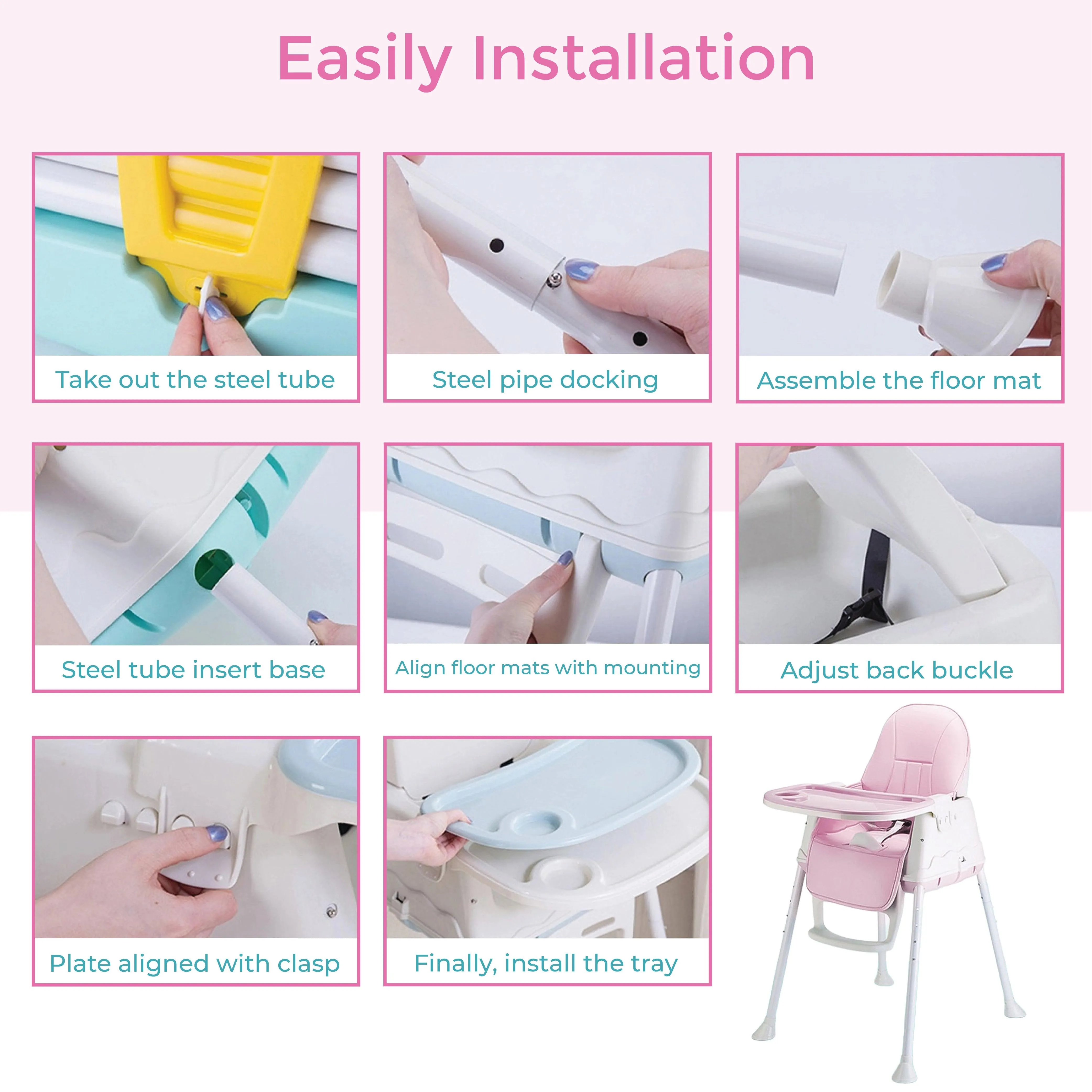 3 in 1 High Chair for Baby Kids, Feeding Booster Seat with Wheel and Cushion Age 12M- 2 Years (Pink)