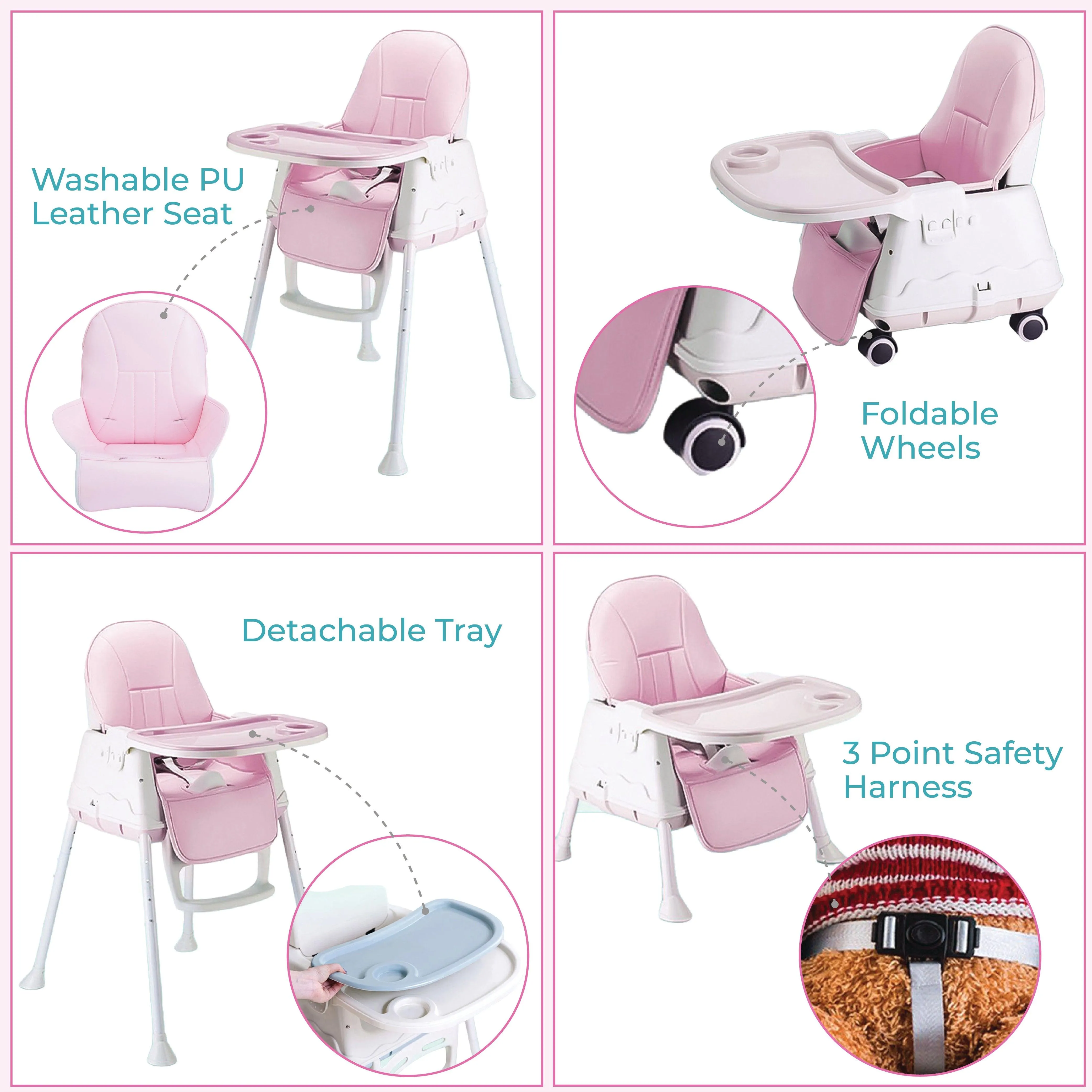 3 in 1 High Chair for Baby Kids, Feeding Booster Seat with Wheel and Cushion Age 12M- 2 Years (Pink)