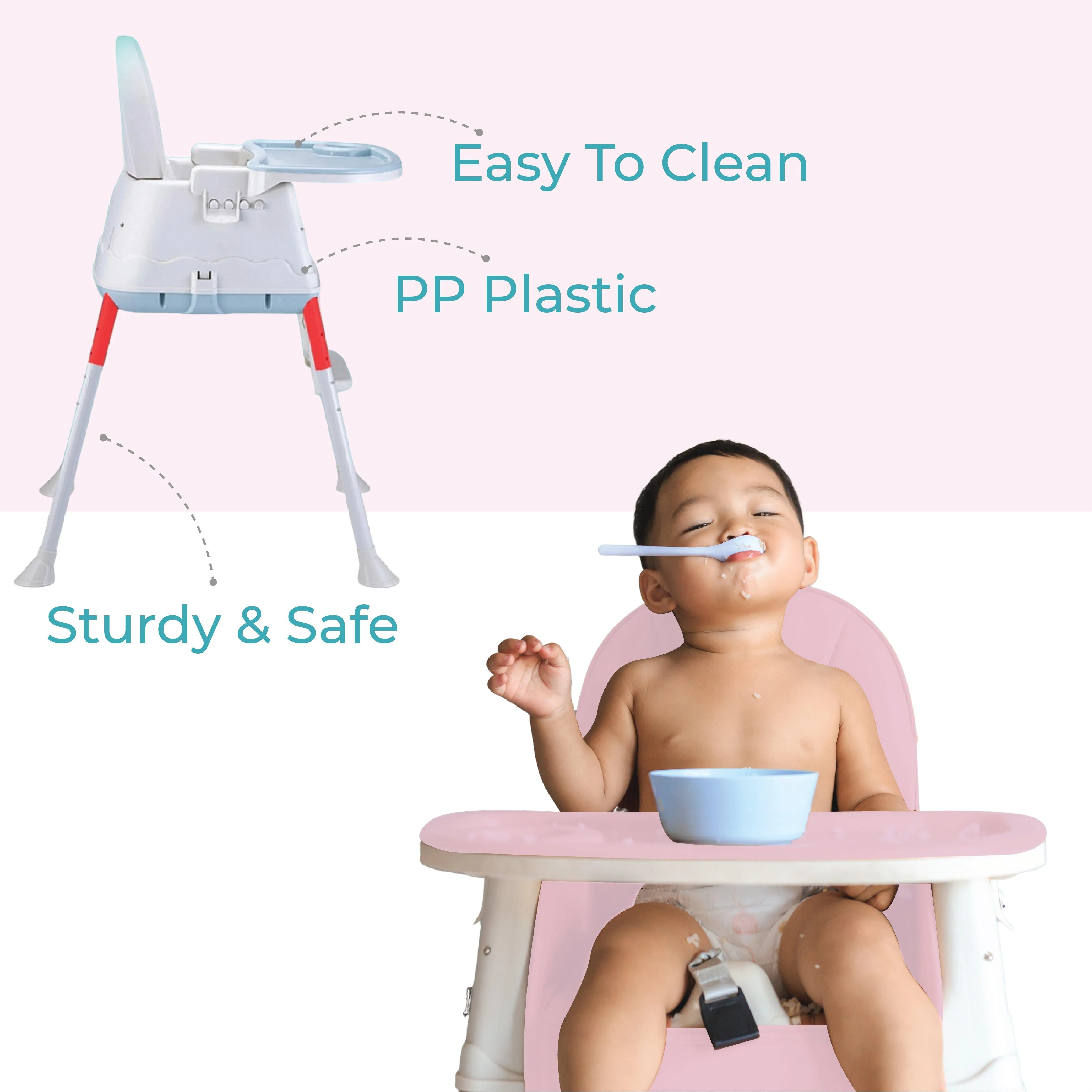 3 in 1 High Chair for Baby Kids, Feeding Booster Seat with Wheel and Cushion Age 12M- 2 Years (Pink)