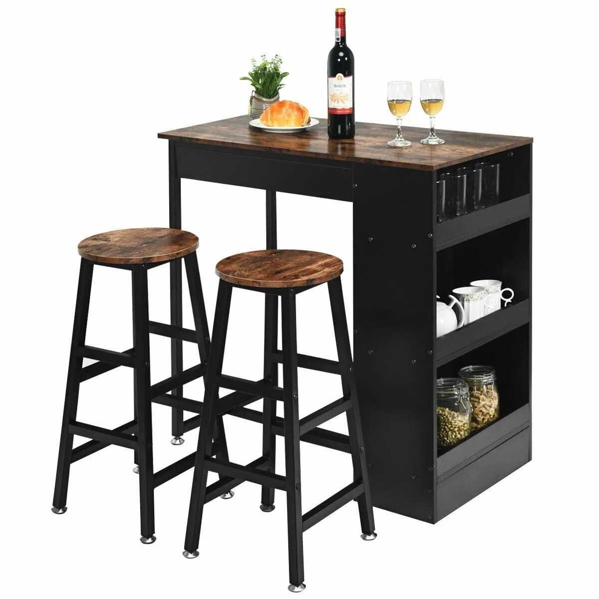 3pc Bar Table Set with Storage - Brown