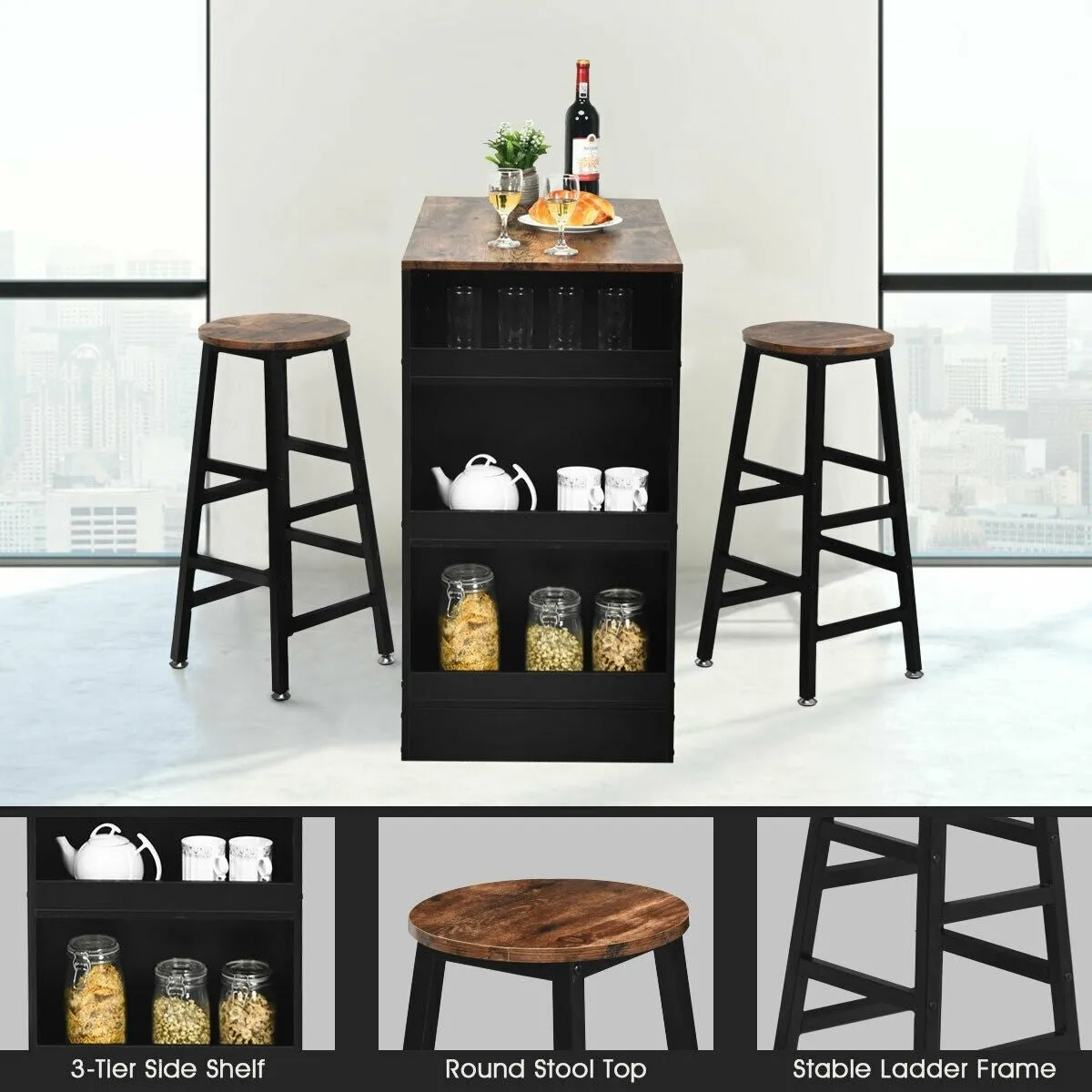 3pc Bar Table Set with Storage - Brown