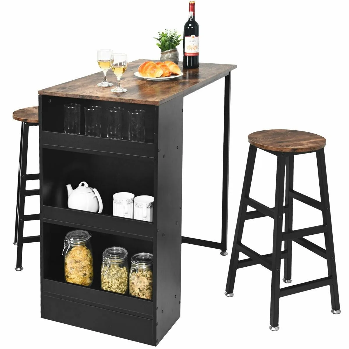 3pc Bar Table Set with Storage - Brown