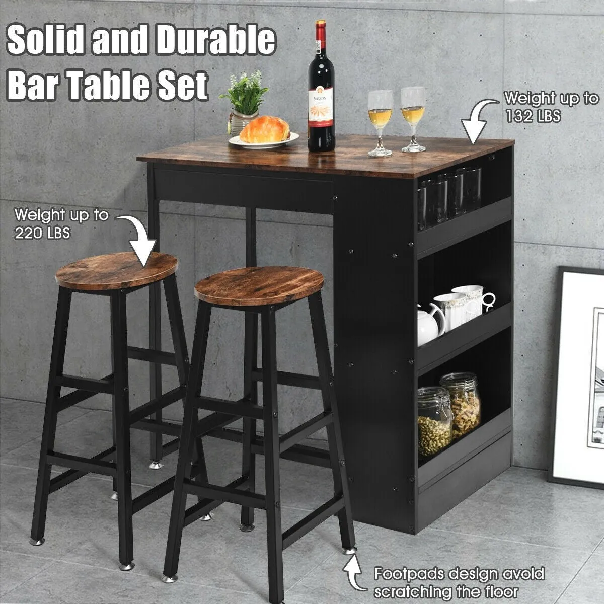 3pc Bar Table Set with Storage - Brown