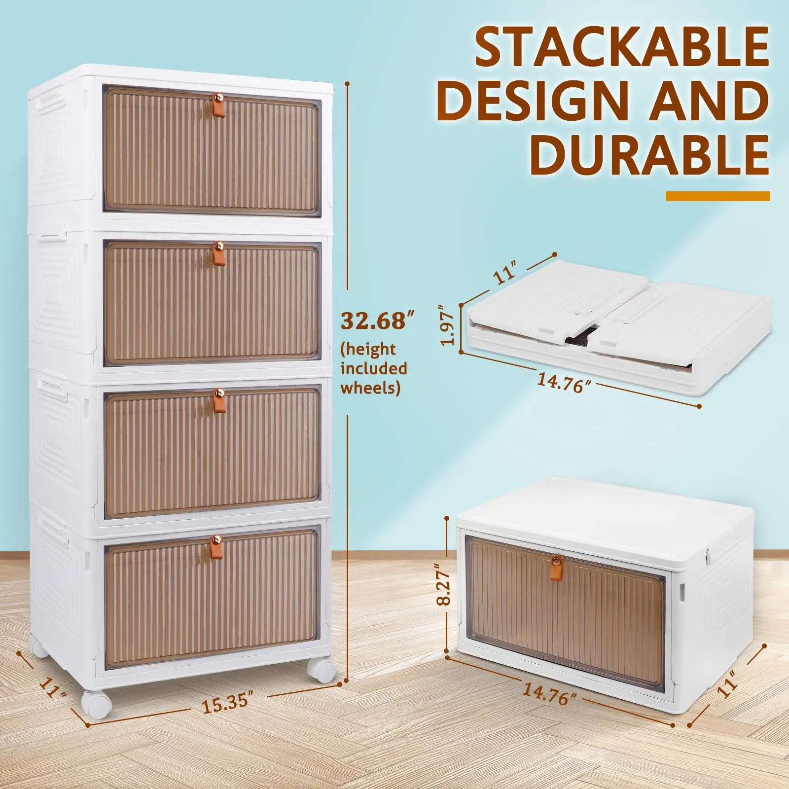 4 Tier Stackable Storage Bins with Wheels and Lid - 23QT Closet Organizers and Storage, Foldable Plastic Containers for Home, Office, Dorm Room