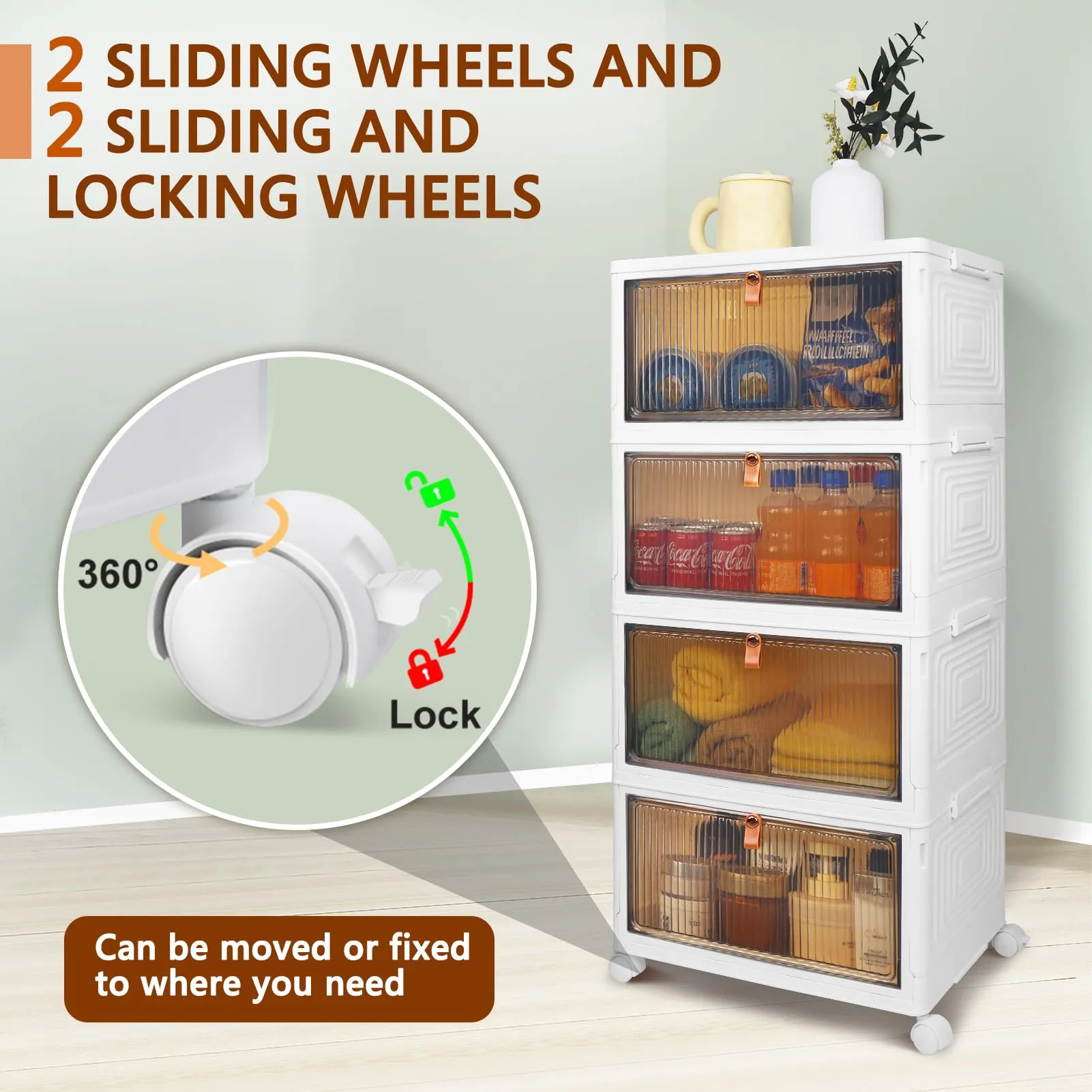 4 Tier Stackable Storage Bins with Wheels and Lid - 23QT Closet Organizers and Storage, Foldable Plastic Containers for Home, Office, Dorm Room