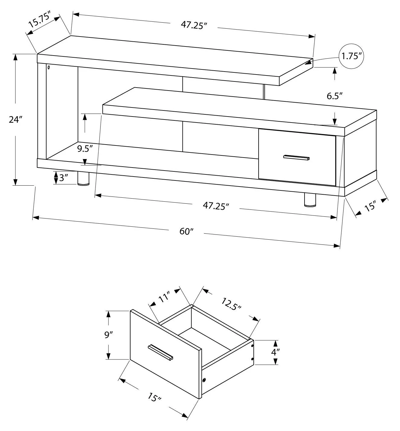 60"L White With 1 Drawer Tv Stand