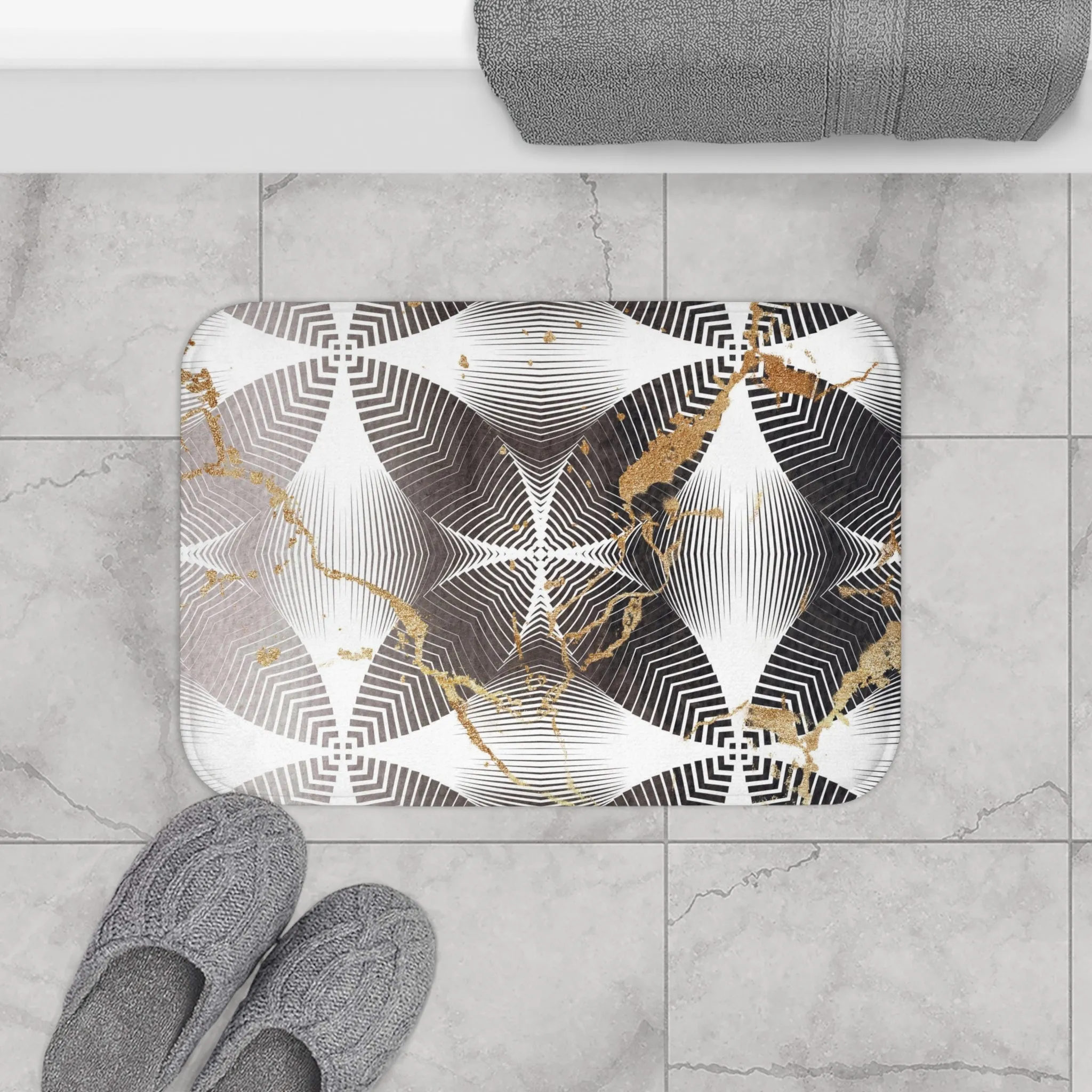Abstract Bath Mat | White Beige, Taupe Black