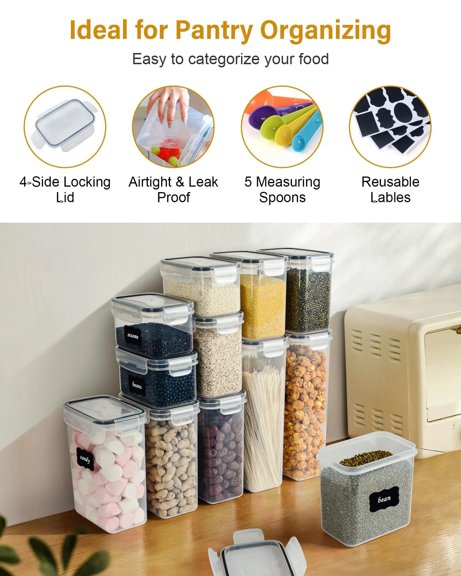 Airtight Spice Jars with Label, 24 pcs Plastic Storage Containers with Lids Kitchen Canisters, Plastic Kitchen Organizers and Storage for Dry Food, Flour and Sugar,Include 30 Labels and 5 Spoons