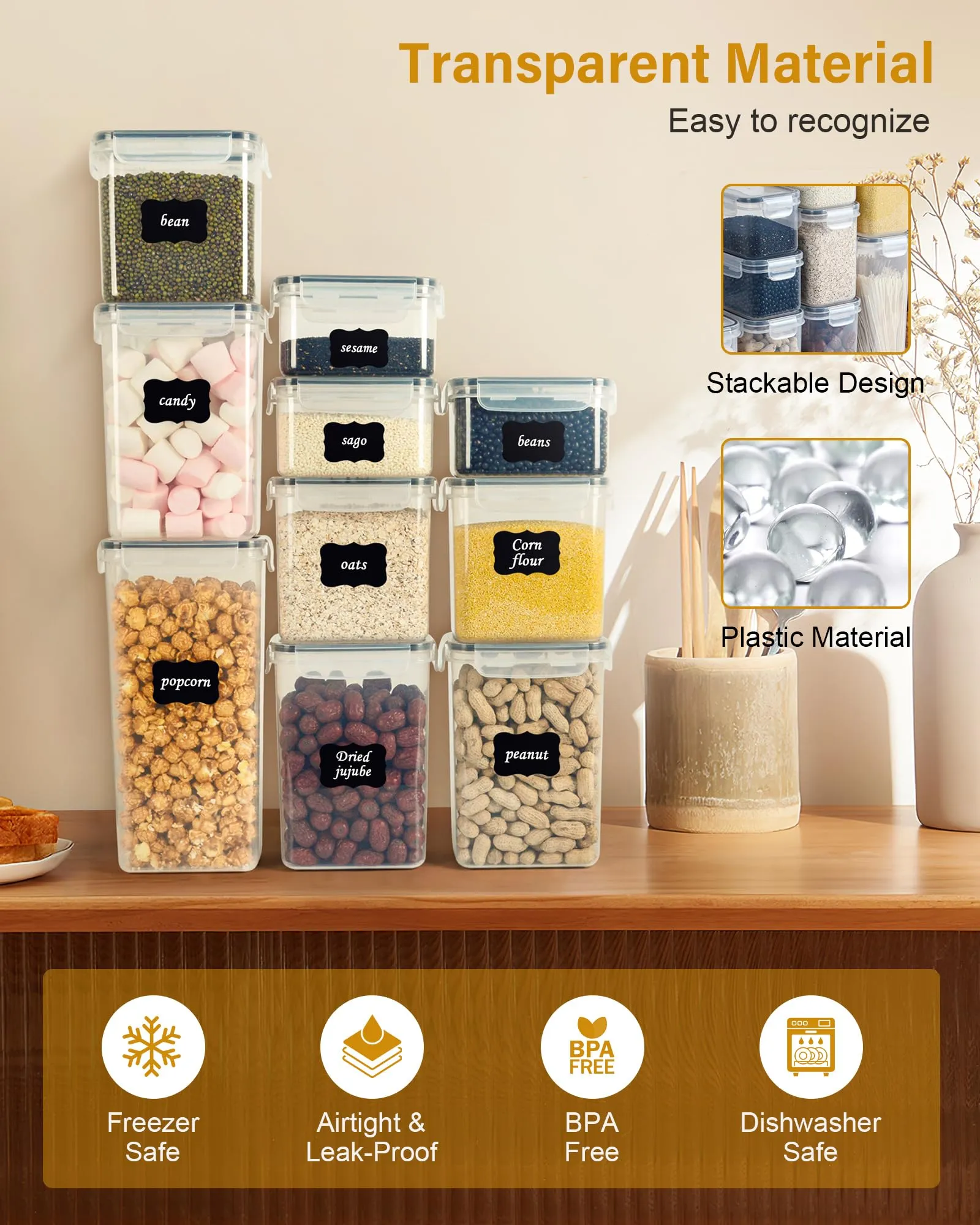 Airtight Spice Jars with Label, 24 pcs Plastic Storage Containers with Lids Kitchen Canisters, Plastic Kitchen Organizers and Storage for Dry Food, Flour and Sugar,Include 30 Labels and 5 Spoons