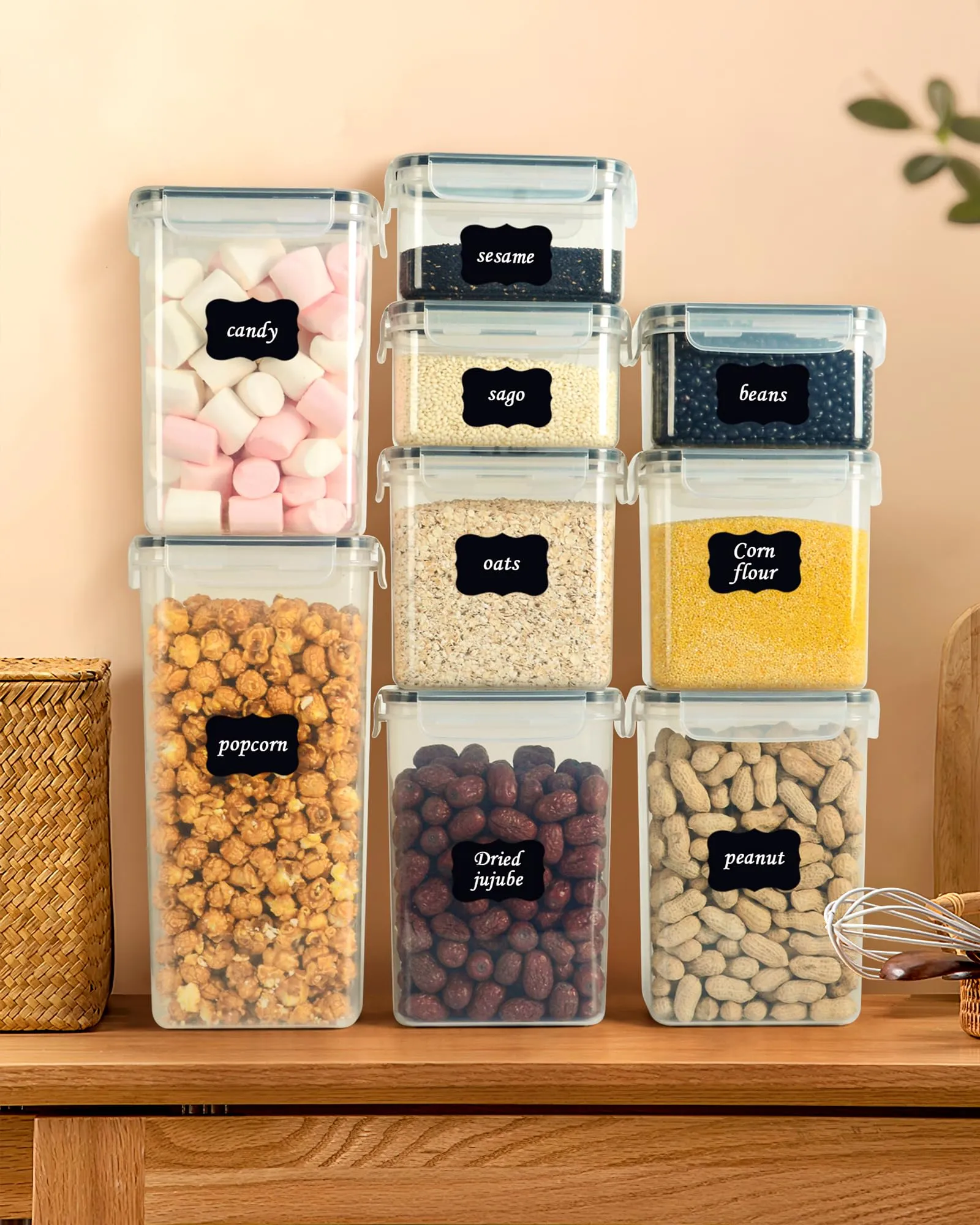 Airtight Spice Jars with Label, 24 pcs Plastic Storage Containers with Lids Kitchen Canisters, Plastic Kitchen Organizers and Storage for Dry Food, Flour and Sugar,Include 30 Labels and 5 Spoons