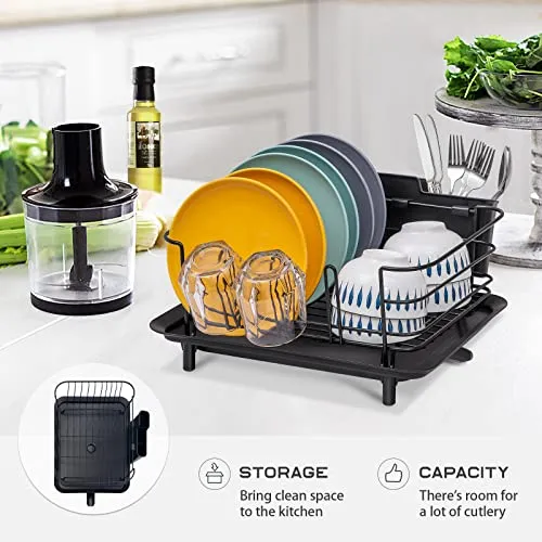 BRIAN & DANY Dish Drying Rack, Stainless Steel Dish Racks for Kitchen Counter, Dish Rack with Cutlery Holder & Drainboard, 15.5"x 11.8"x 8.58", Black