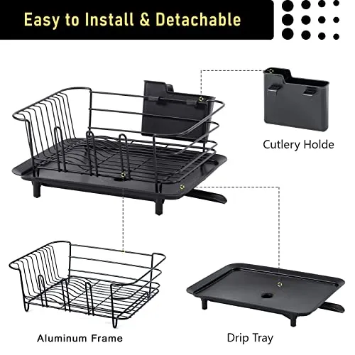 BRIAN & DANY Dish Drying Rack, Stainless Steel Dish Racks for Kitchen Counter, Dish Rack with Cutlery Holder & Drainboard, 15.5"x 11.8"x 8.58", Black