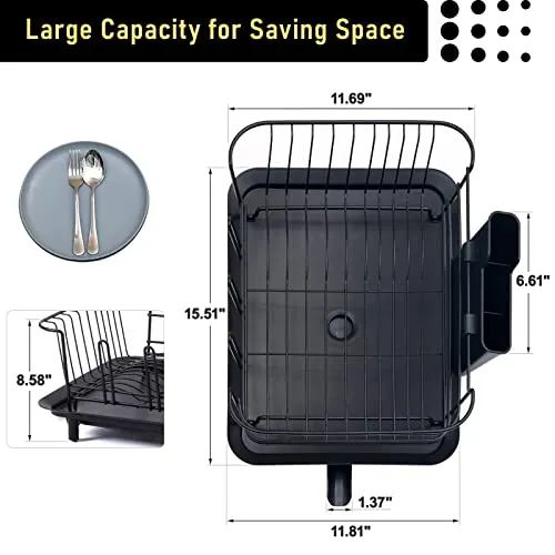 BRIAN & DANY Dish Drying Rack, Stainless Steel Dish Racks for Kitchen Counter, Dish Rack with Cutlery Holder & Drainboard, 15.5"x 11.8"x 8.58", Black
