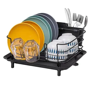 BRIAN & DANY Dish Drying Rack, Stainless Steel Dish Racks for Kitchen Counter, Dish Rack with Cutlery Holder & Drainboard, 15.5"x 11.8"x 8.58", Black