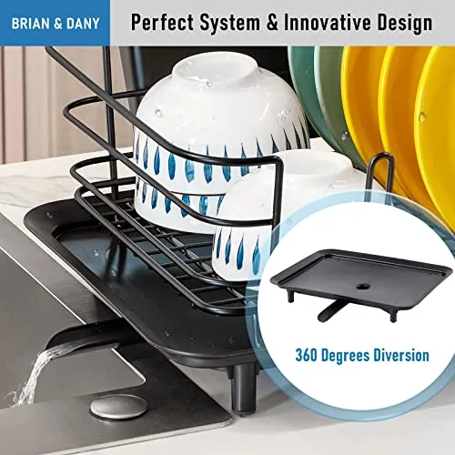 BRIAN & DANY Dish Drying Rack, Stainless Steel Dish Racks for Kitchen Counter, Dish Rack with Cutlery Holder & Drainboard, 15.5"x 11.8"x 8.58", Black