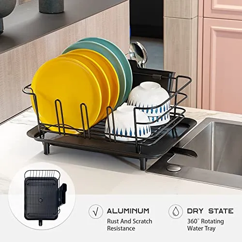 BRIAN & DANY Dish Drying Rack, Stainless Steel Dish Racks for Kitchen Counter, Dish Rack with Cutlery Holder & Drainboard, 15.5"x 11.8"x 8.58", Black