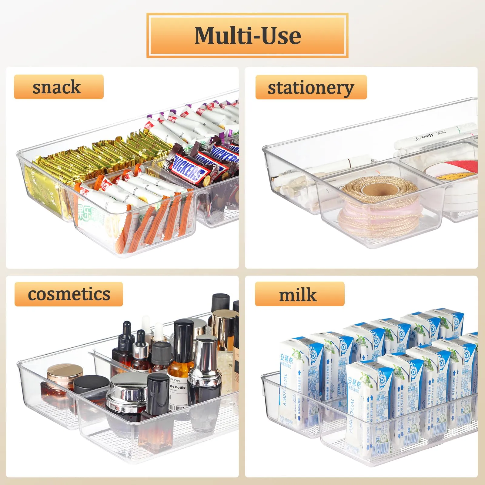 CherHome Drawer Organizer，2PCS Clear Organization and Storage Set，Desk Drawer Organizer Food Snack Organizer，Plastic Organizer Bins for Kitchen Drawer，Bathroom，Makeup and Office(13 X 8.9 X 2.3in)