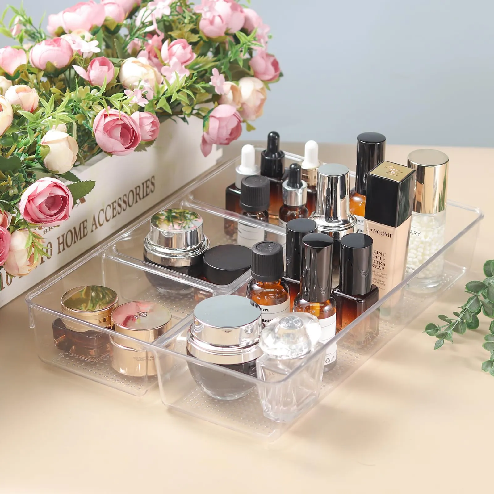 CherHome Drawer Organizer，2PCS Clear Organization and Storage Set，Desk Drawer Organizer Food Snack Organizer，Plastic Organizer Bins for Kitchen Drawer，Bathroom，Makeup and Office(13 X 8.9 X 2.3in)