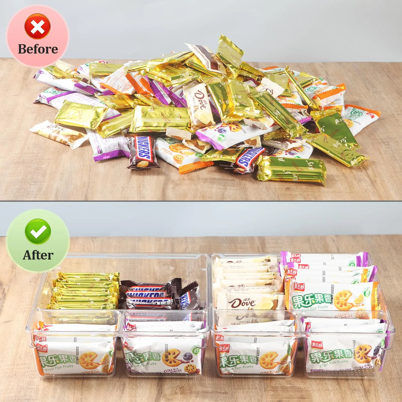 CherHome Drawer Organizer，2PCS Clear Organization and Storage Set，Desk Drawer Organizer Food Snack Organizer，Plastic Organizer Bins for Kitchen Drawer，Bathroom，Makeup and Office(13 X 8.9 X 2.3in)