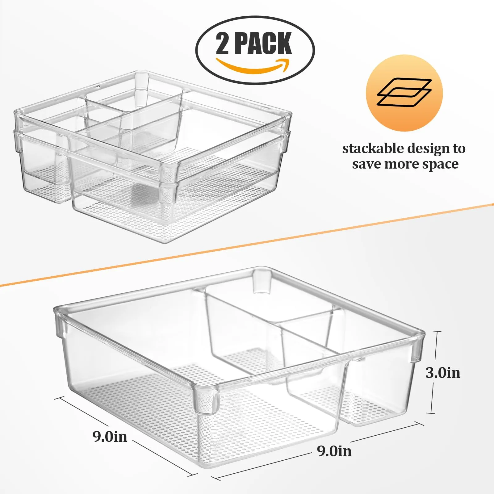 CherHome Drawer Organizer,2PCS Clear Organization and Storage Set，Desk Drawer Organizer Food Snack Organizers，Plastic Organizer Bins for Kitchen Drawer，Pantry，Bathroom，Makeup and Office（9 X 9 X 3in）