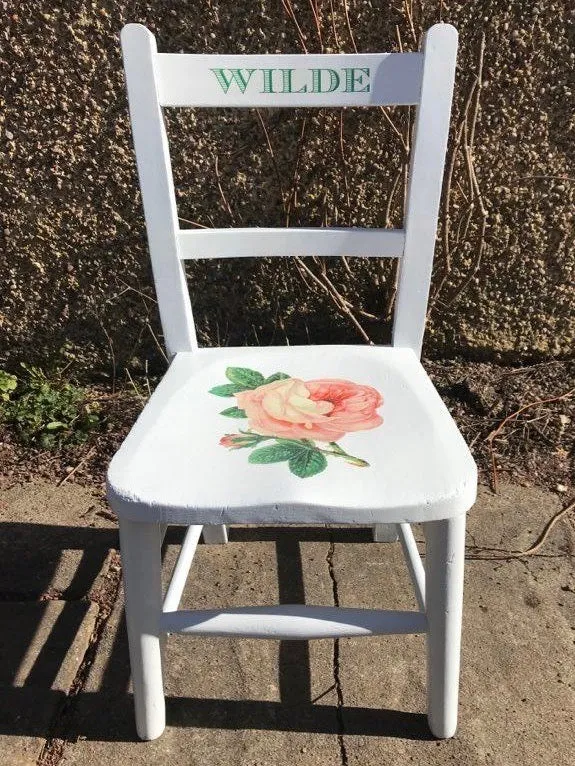 Children's personalised vintage school chair with vintage flower theme.