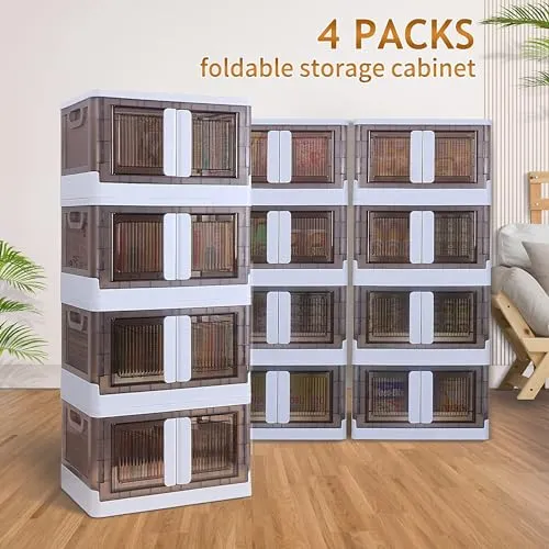 Closet Organizers and Storage 43 QT, Storage Bins with Lids 4 Pack, Stackable Collapsible Storage Bins, Storage Cabinet with Wheels, Plastic Foldabl