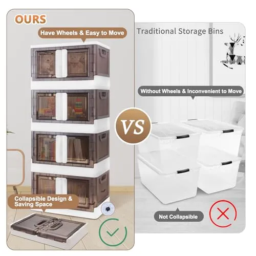 Closet Organizers and Storage 43 QT, Storage Bins with Lids 4 Pack, Stackable Collapsible Storage Bins, Storage Cabinet with Wheels, Plastic Foldabl
