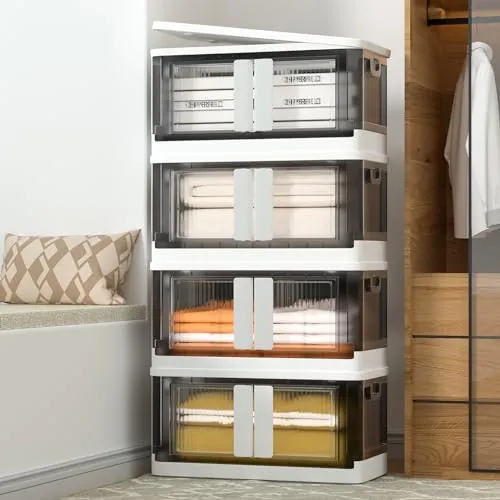 Closet Organizers and Storage 43 QT, Storage Bins with Lids 4 Pack, Stackable Collapsible Storage Bins, Storage Cabinet with Wheels, Plastic Foldabl