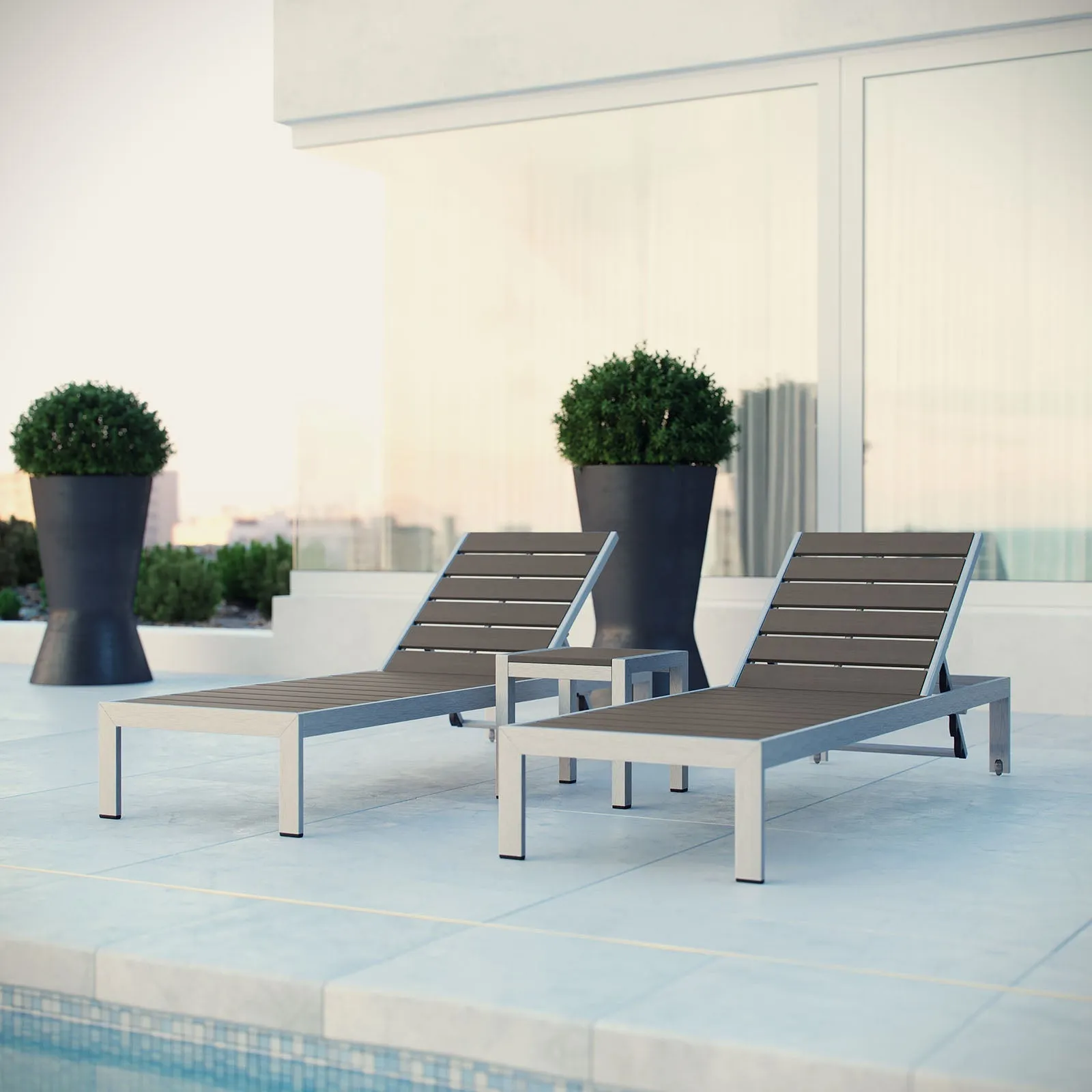 Coast 3 Piece Outdoor Patio Aluminum Wood Chaise Set